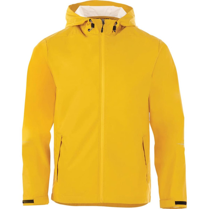 A men's rain jacket in bright yellow, featuring a hood and zippered front pockets. It has a branding logo.