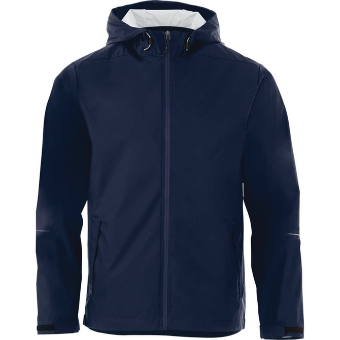 A men's rain jacket in navy, featuring a zip closure, hood, and side pockets with a logo.