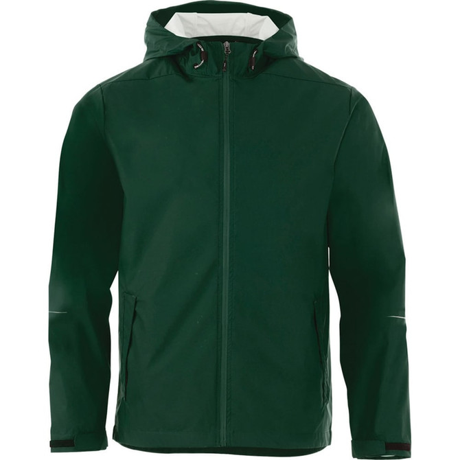 A men's rain jacket in dark green with a hood and zippers, featuring two front pockets and branding.