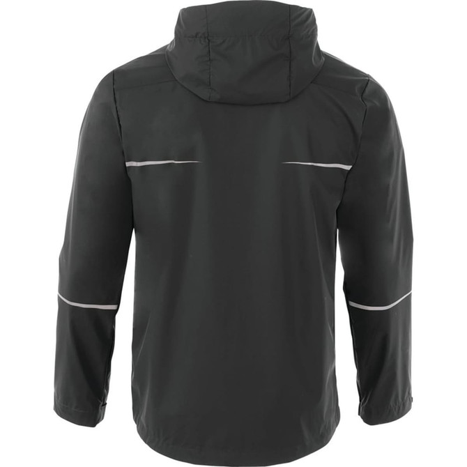 A men's rain jacket in black with reflective accents and a hood, featuring a logo.