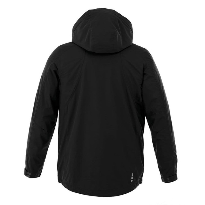 A black rain jacket with a hood, featuring a back view and a small logo.