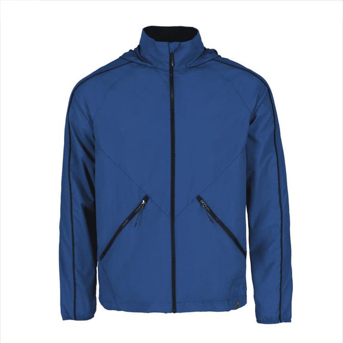 A blue men's packable jacket with zippered pockets and a hood, featuring a logo on the front.