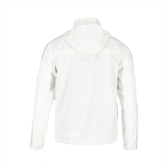 A white men's packable jacket featuring a hood and a logo on the back.