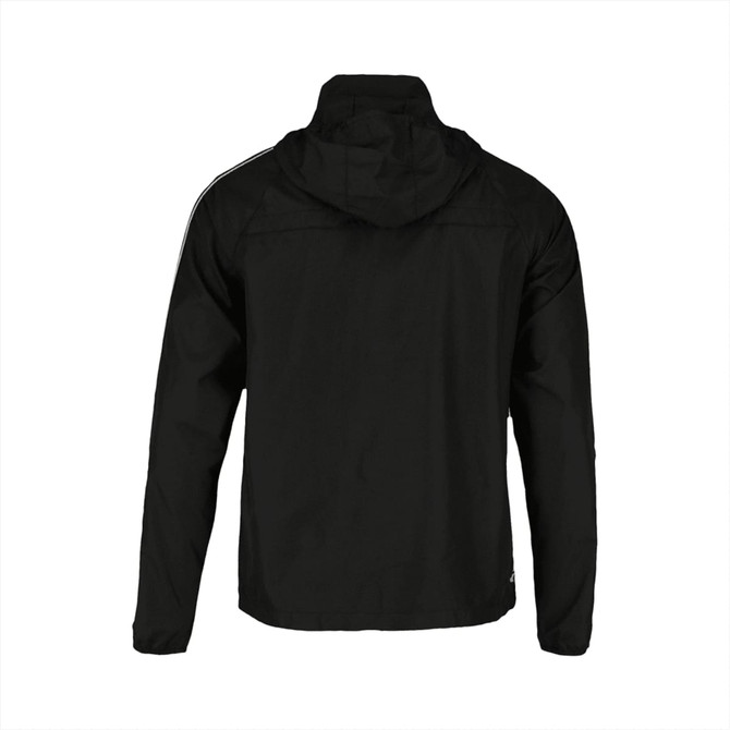 A packable jacket in black, featuring a hood and a logo on the back. Ideal for multi-weather use.