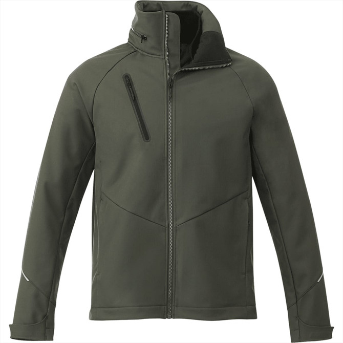 A men's softshell jacket in olive green, featuring a high collar and zippered chest pocket. It has a logo on the front.