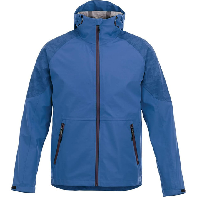 A men's softshell jacket in blue with a hood and two front zippered pockets. It features patterned detailing on the shoulders.