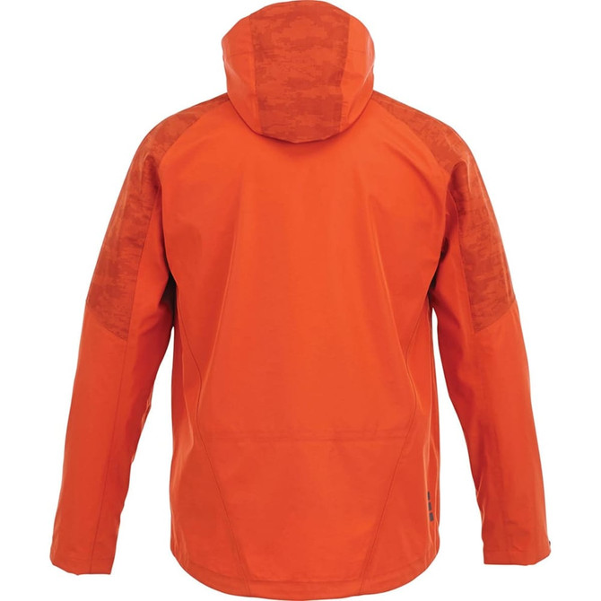 An orange men's softshell jacket with a hood and textured shoulder panels. It features a branding logo.