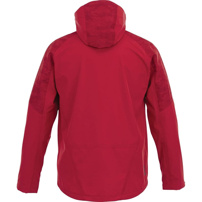 A red men's softshell jacket with a hood and textured shoulder panels. The back view highlights a sleek design.