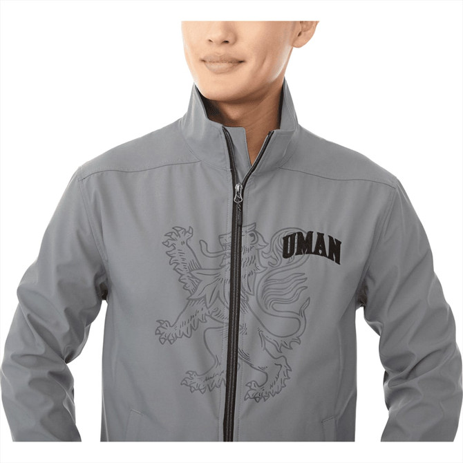 A grey softshell jacket featuring a lion graphic and a logo, with a stand-up collar and zip closure.