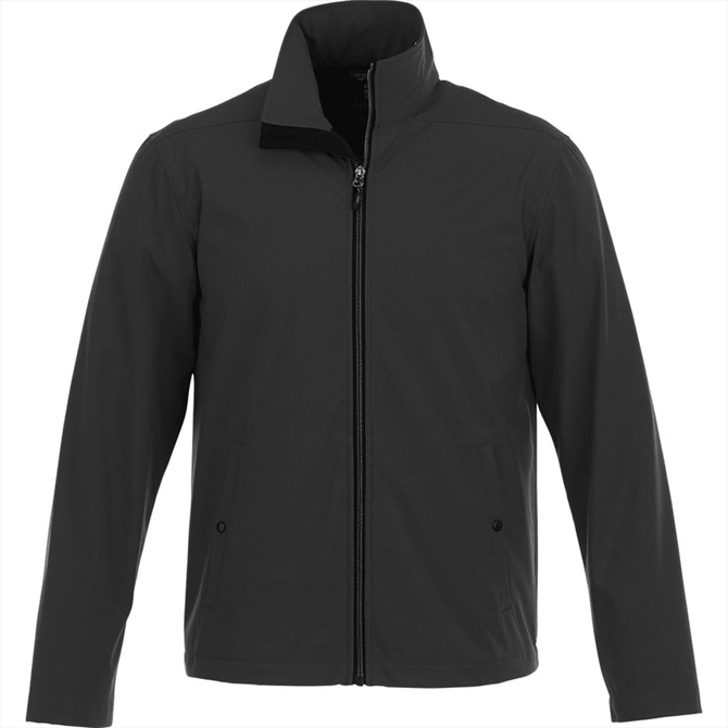 A soft shell jacket in black, featuring a zip front and two side pockets. It has a collar and a brand logo.