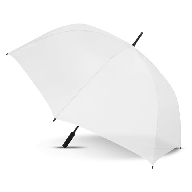 A Hydra Sports Umbrella in a sleek white design with a black handle and frame.
