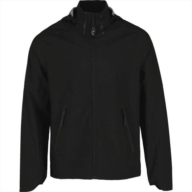A black Oracle men's softshell jacket featuring a full zip and side pockets. It has a logo on the chest.