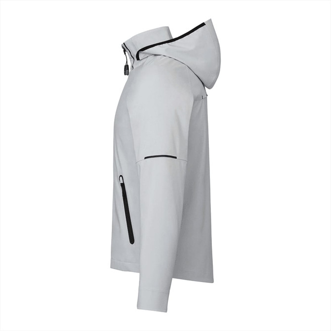 A softshell jacket in light grey with a hood, featuring zippered pockets and a branded logo.