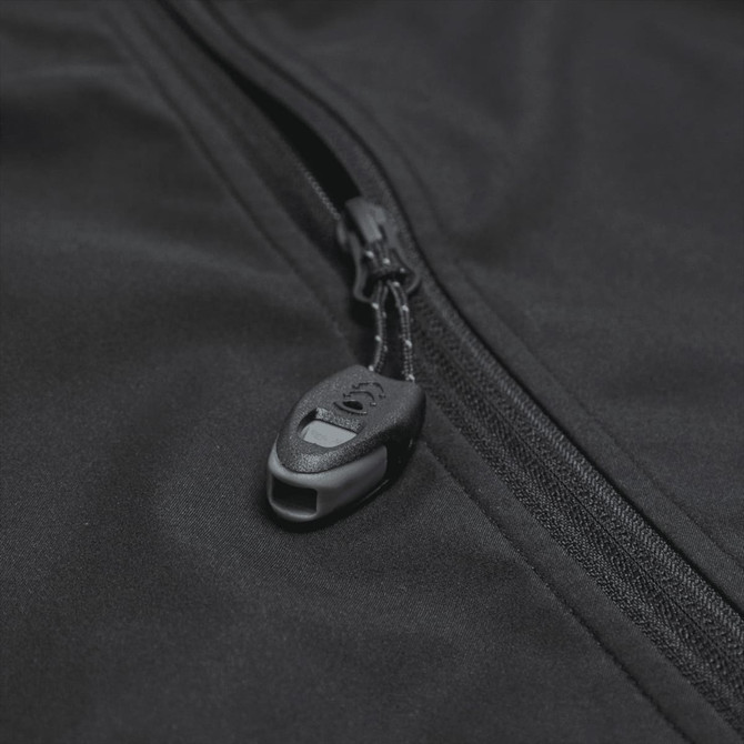 A black softshell jacket featuring a zip closure and a branded pull tab.