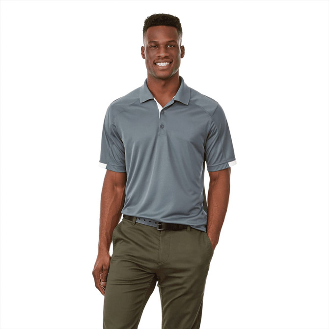 A grey short sleeve polo shirt for men, featuring a contrasting collar and a logo.