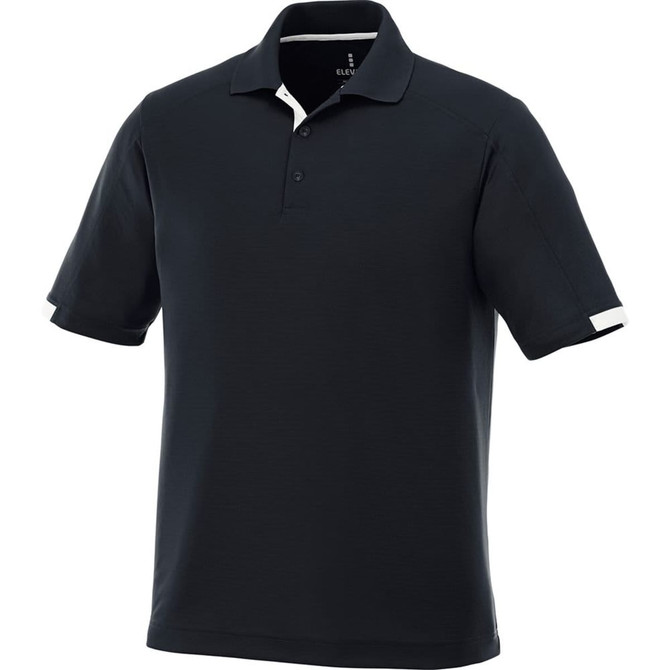 A black short sleeve polo shirt with contrasting white details and a logo on the chest.