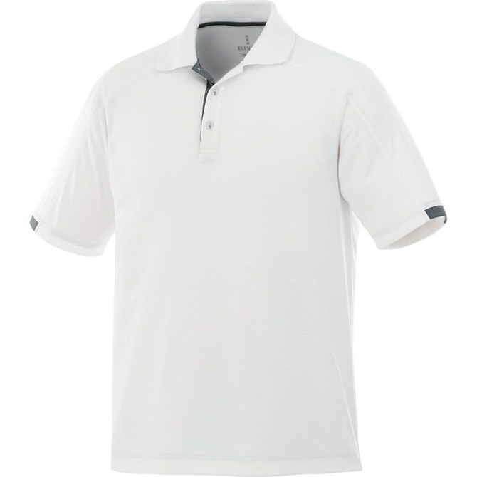 A white short sleeve polo shirt for men featuring a subtle logo and grey accents.