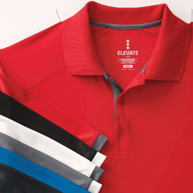 A red short sleeve polo shirt with a collar, displayed alongside black, white, grey, and navy variants. Features a logo.