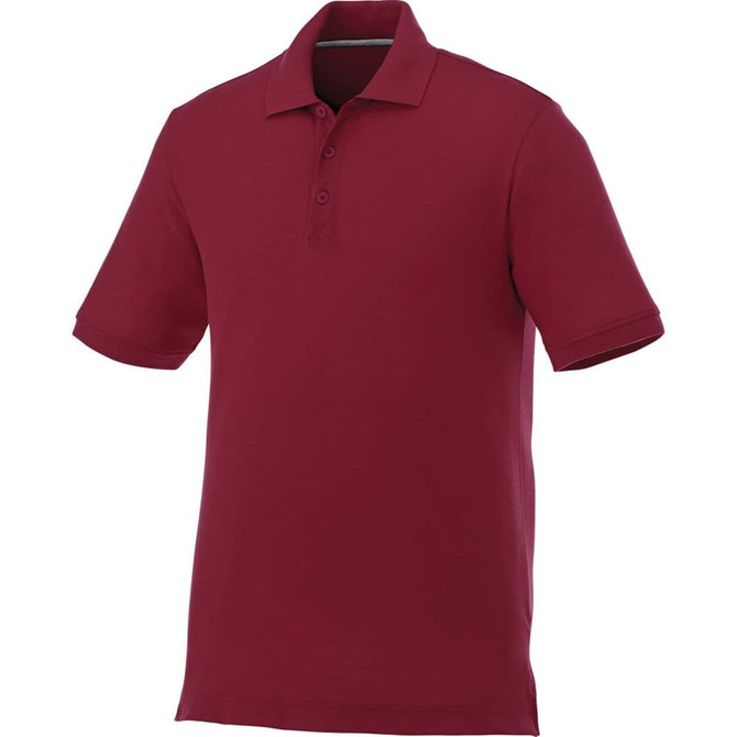A maroon short sleeve polo shirt for men with a collar and buttons, featuring a logo.