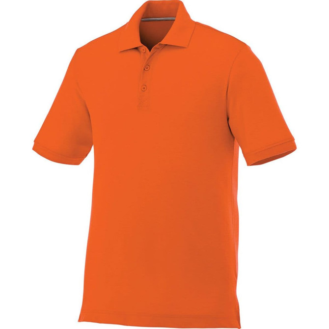 An orange short sleeve polo shirt for men with a collar and button placket, featuring a logo.