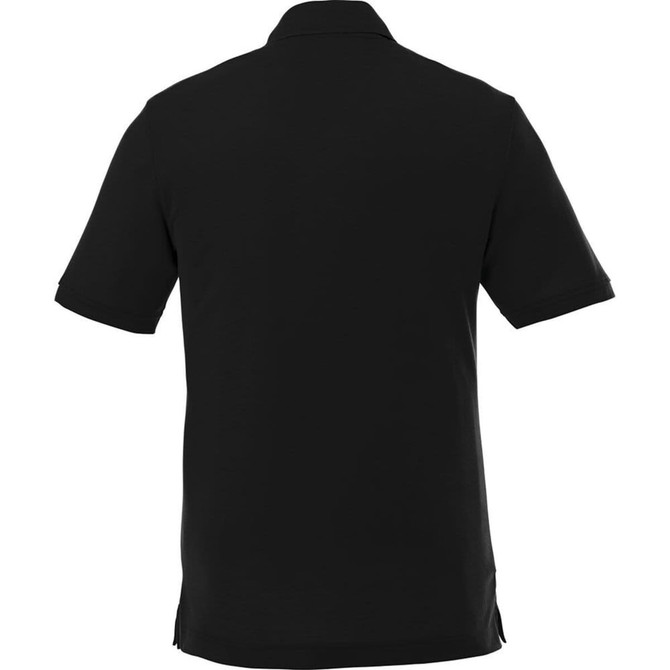 A black short sleeve polo shirt for men, featuring a classic collar and side slits, with a logo on the back.