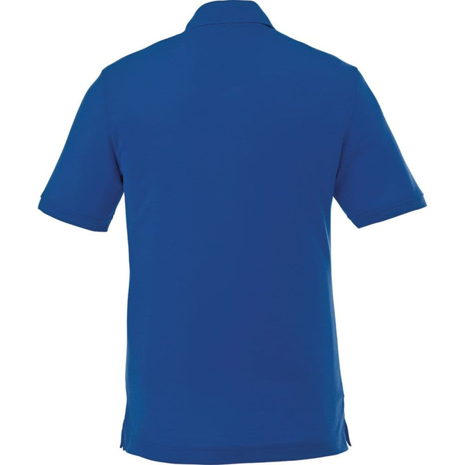 A blue short sleeve polo shirt for men featuring a collar and a logo.