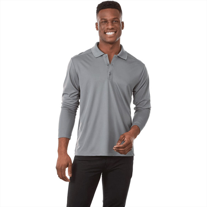 A grey long sleeve polo shirt for men, featuring a collar and buttons, with a logo on the chest.