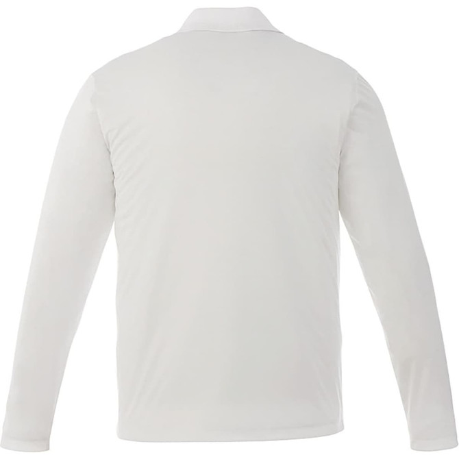 A men's long sleeve polo shirt in white, featuring a back view with a subtle logo.