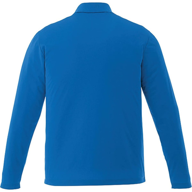 A long-sleeve polo shirt in bright blue, featuring a collar and a logo.