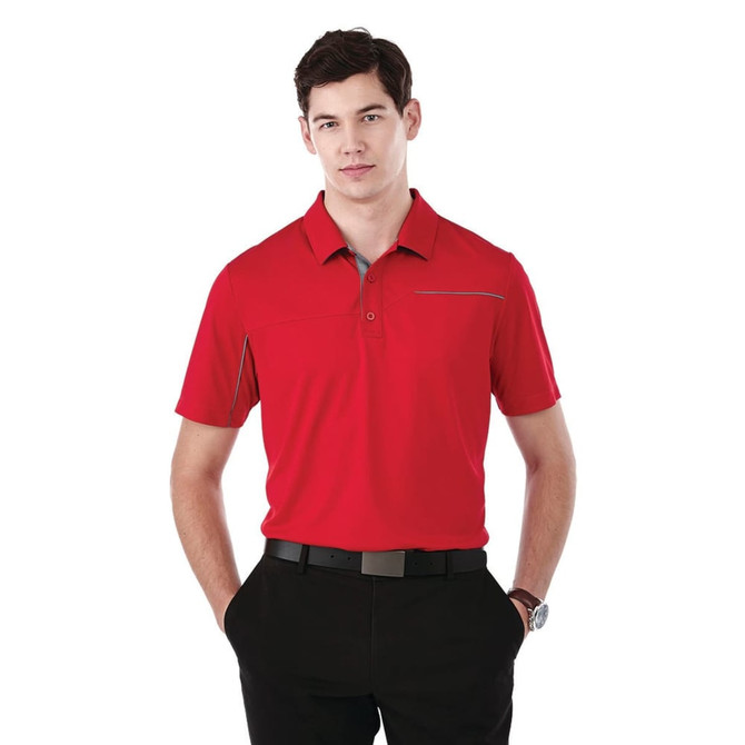 A red short sleeve polo shirt with a collar and a subtle design element, featuring a logo on the chest area.