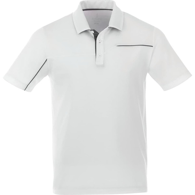 A grey short sleeve polo shirt with a subtle design detail and a branding logo on the front.