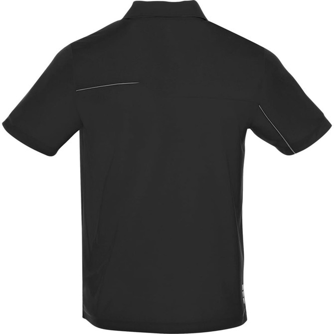 A black short sleeve polo shirt for men with a sleek design and a small logo on the side.
