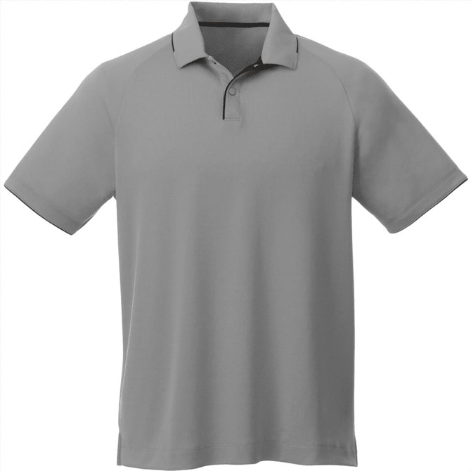 A grey short sleeve polo shirt for men, featuring a collar and a logo on the chest.