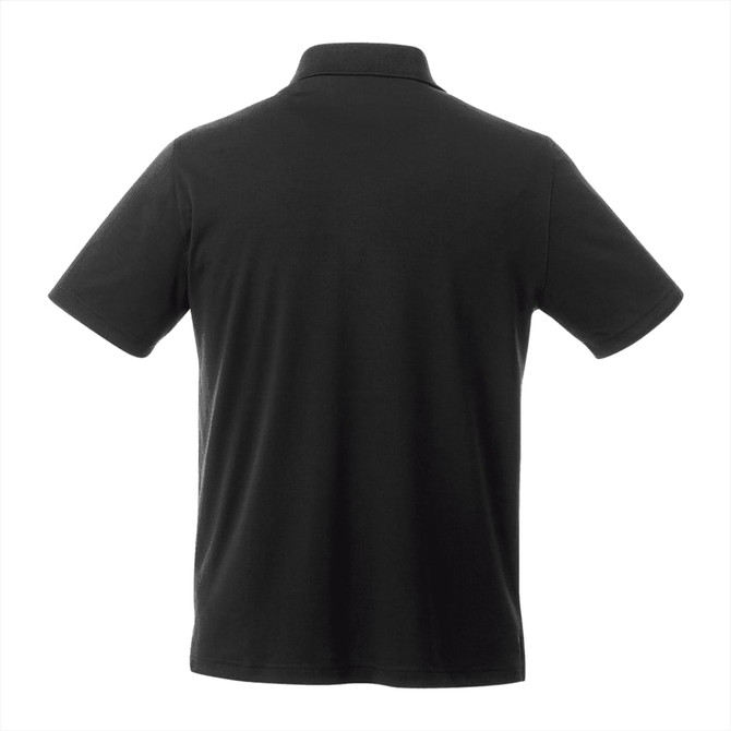 A black men's short sleeve polo shirt with a collar and a logo on the back.