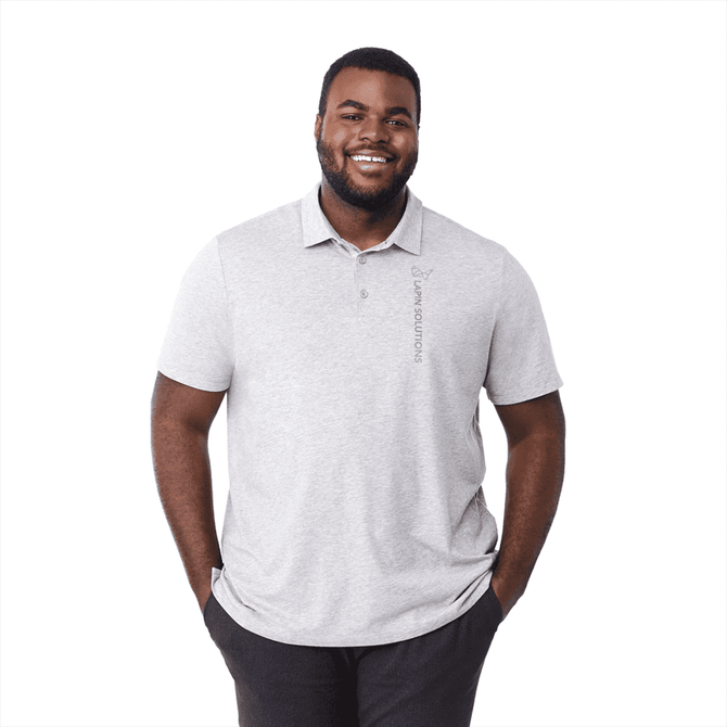 A light grey short sleeve polo shirt for men, featuring a logo on the side.