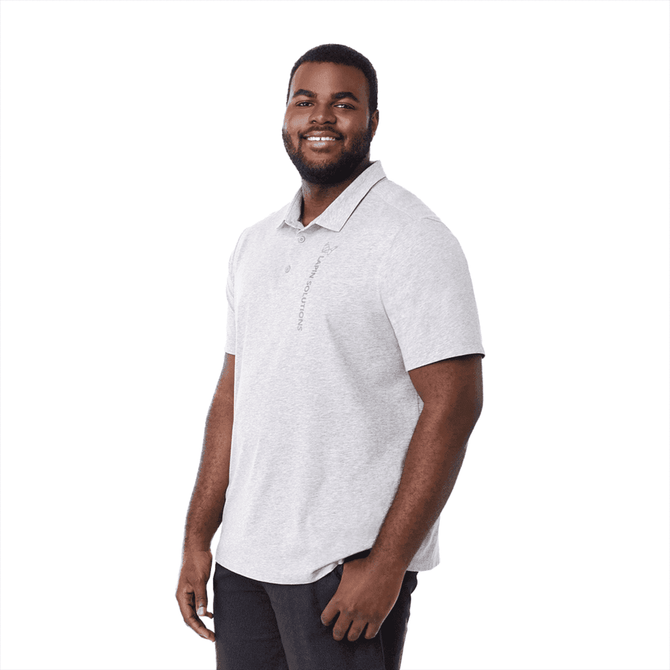 A grey short sleeve polo shirt for men featuring a logo and a standard collar.