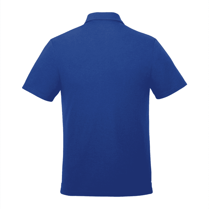 A blue men's short sleeve polo shirt with a collar and a logo on the back.
