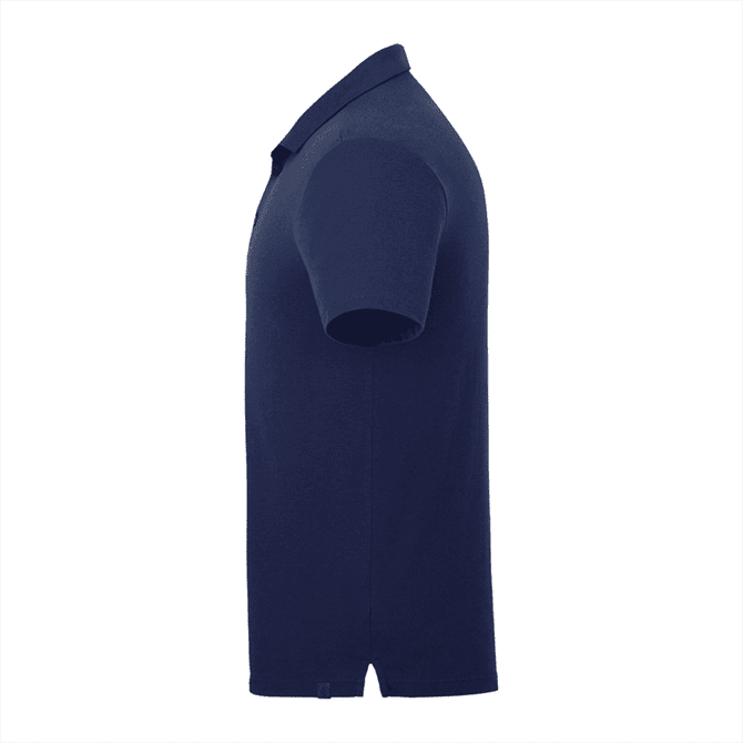 A navy blue men's polo shirt featuring a standard collar and short sleeves. It has a logo on the chest.