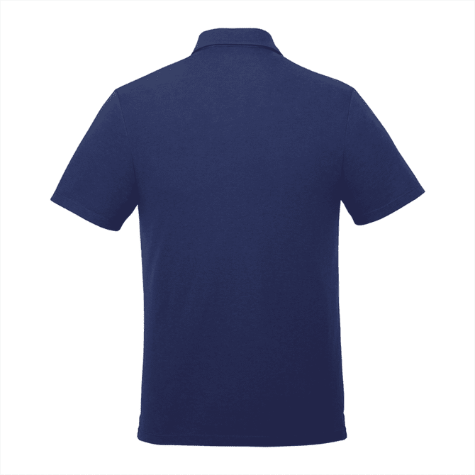 A navy blue men's short sleeve polo shirt with a collar, featuring a logo on the back.