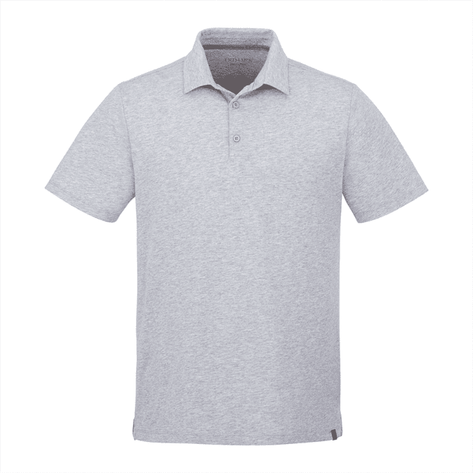 A men's short sleeve polo shirt in a light grey colour with a collar and a logo on the side.
