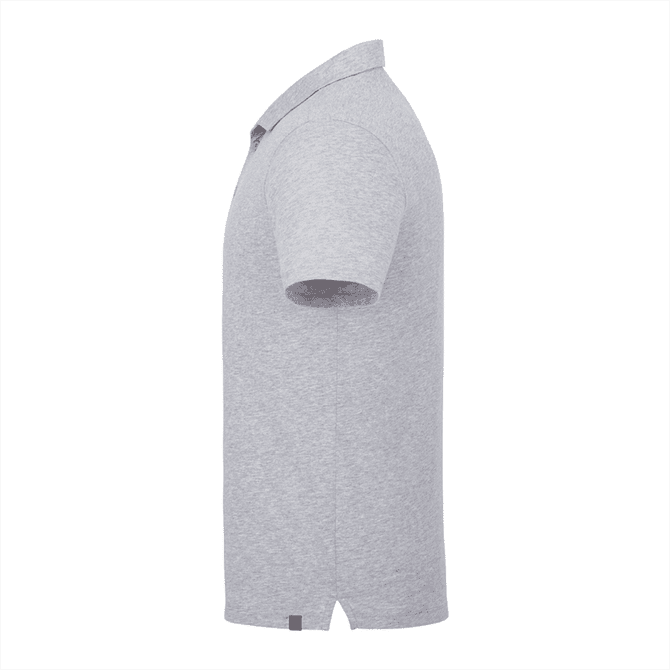 A grey short sleeve polo shirt for men, featuring a collar and a logo on the side.
