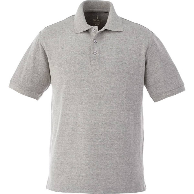 A grey short sleeve polo shirt with three buttons and a subtle logo on the chest.