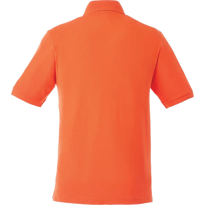 An orange short sleeve polo shirt with a collared neckline and a logo on the back.