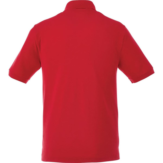 A red men's polo shirt with short sleeves and a collar, featuring a branding logo.