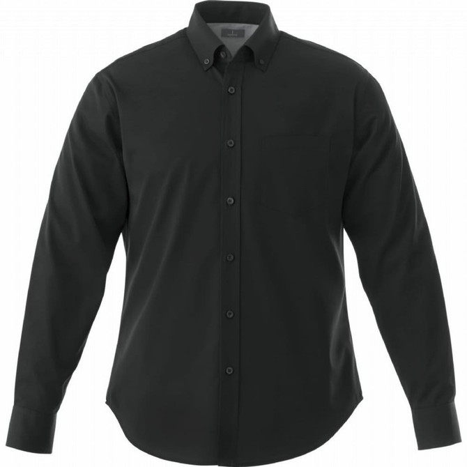 A black long sleeve button-up shirt for men featuring a front pocket and a logo.
