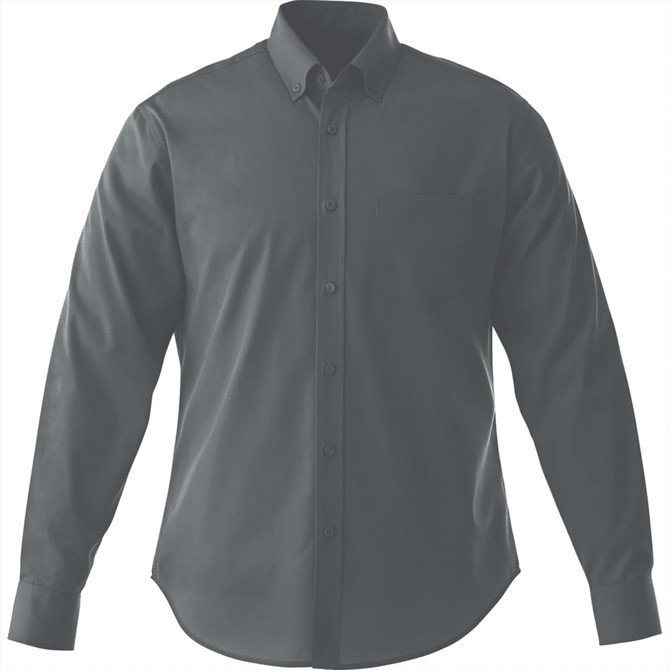 A dark green men's long sleeve button-up shirt with a chest pocket and a logo on the sleeve.