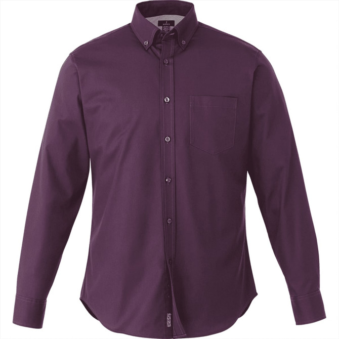 A men's long sleeve button-up shirt in a deep purple colour with a single chest pocket and a logo.