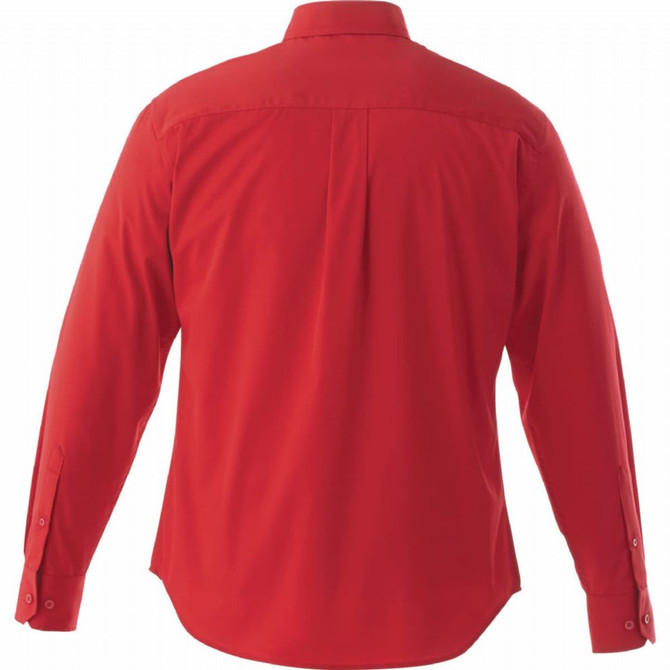 A red long sleeve button-up shirt featuring a back pleat and buttoned cuffs, with a branding logo.