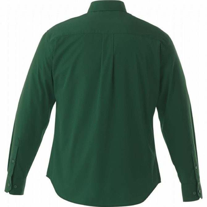 A green long sleeve button-up shirt, featuring a back pleat and buttoned cuffs, with a logo.