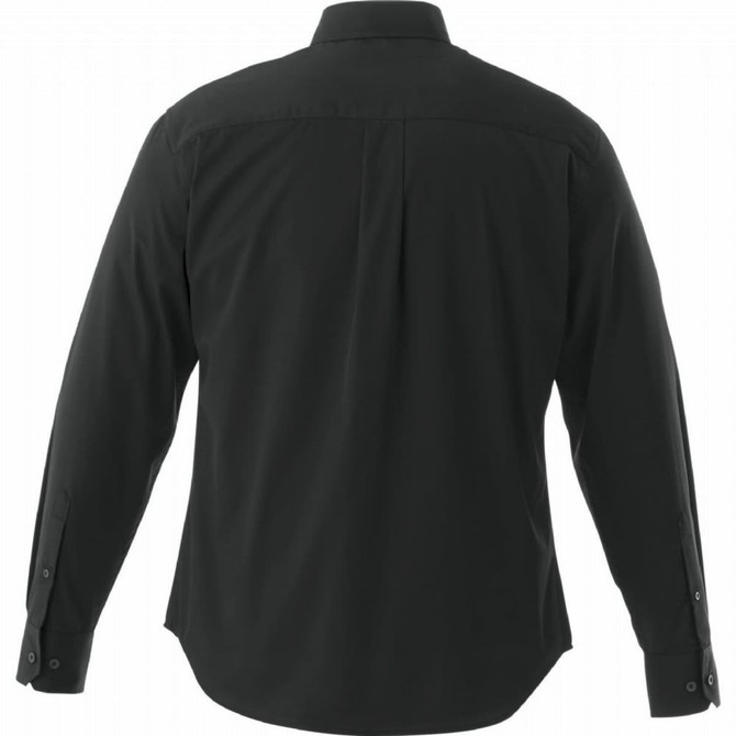 A black long sleeve button-up shirt featuring a classic collar and buttoned cuffs, with a branding logo on the back.